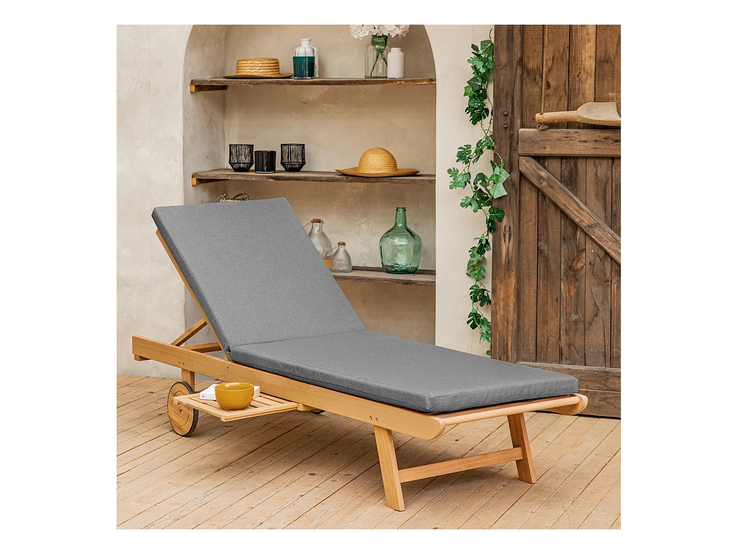 Bain de soleil pliant en acacia KANAWA - coussin gris - HAPPY GARDEN