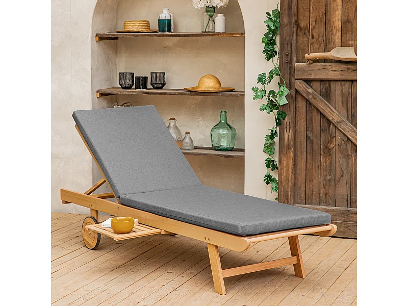 Bain de soleil pliant en acacia KANAWA - coussin gris - HAPPY GARDEN