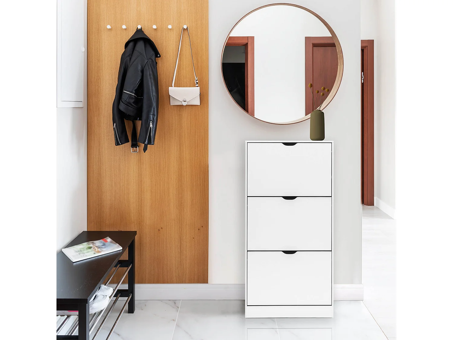 Rebecca Mobili Meuble à Chaussures Blanc MDF 3 Portes pour 12 Paires pour Entrées