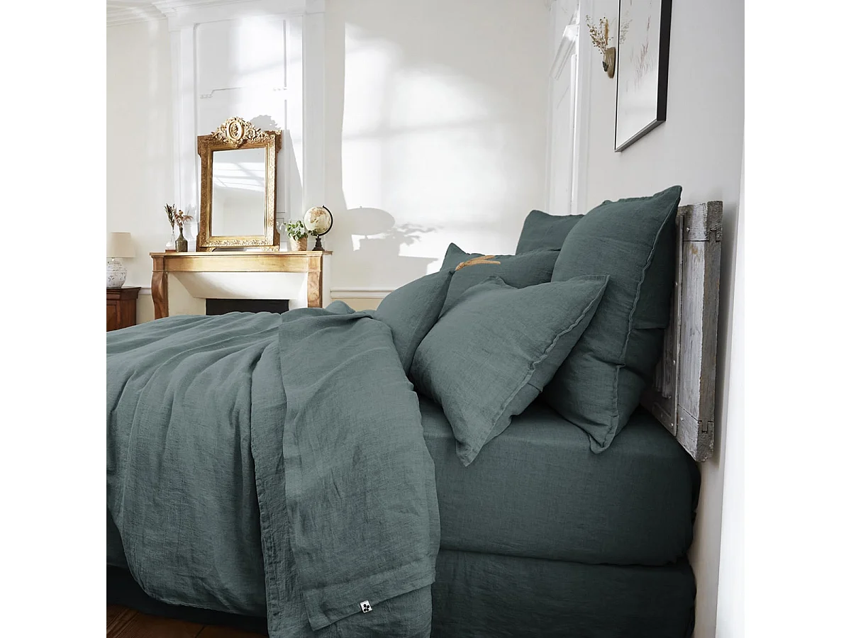 MARGAUX - Drap Housse 180x200cm Lin Lavé Coloris Ardoise