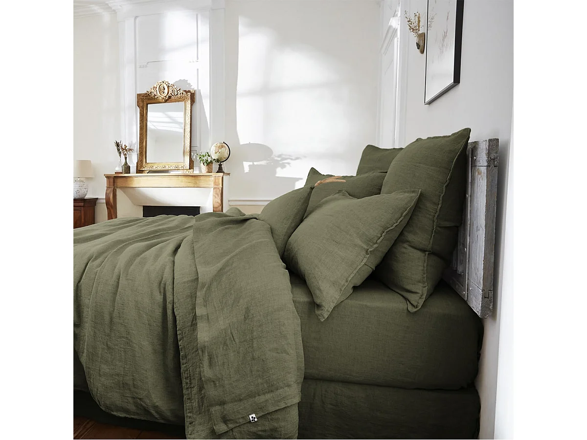 MARGAUX - Drap Housse 160x200cm Lin Lavé Coloris Thym