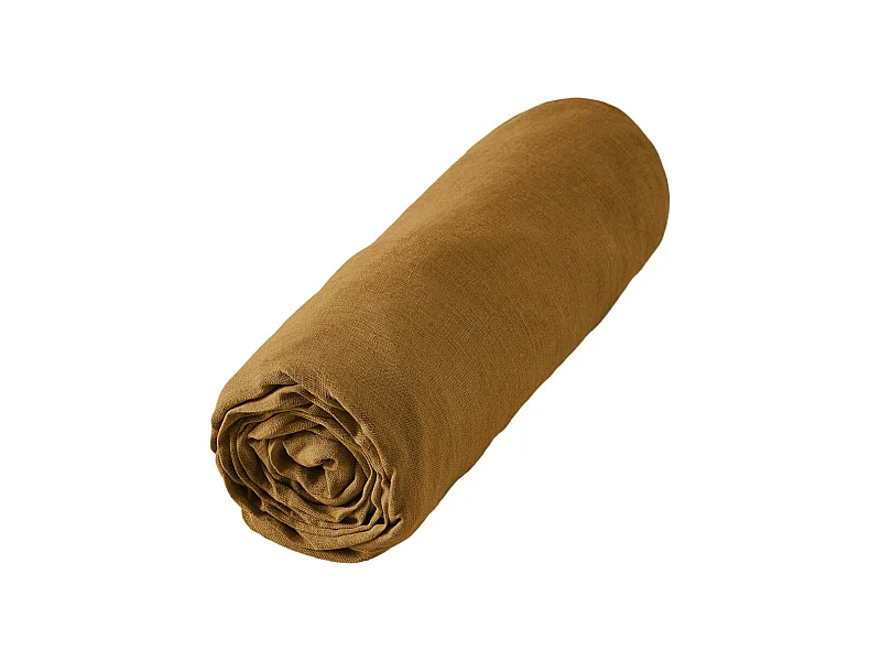 MARGAUX - Drap Housse 140x190cm Lin Lavé Coloris Caramel