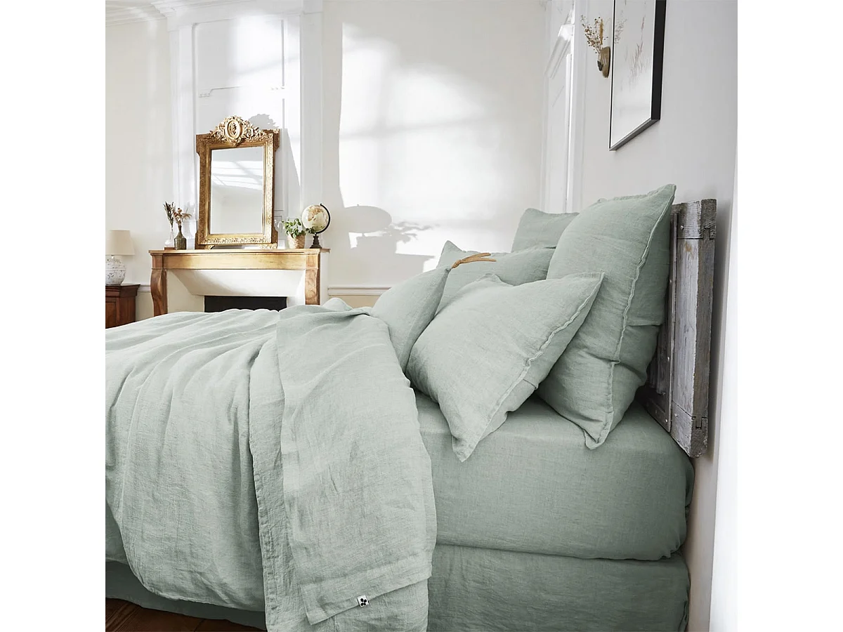 MARGAUX - Drap Housse 140x190cm Lin Lavé Coloris Eucalyptus