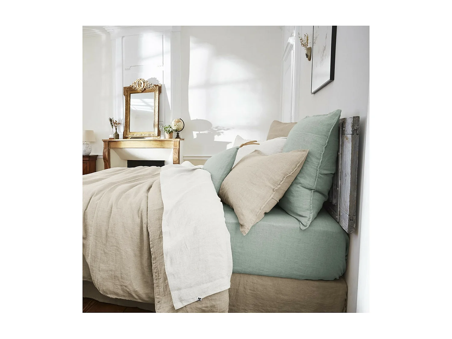 MARGAUX - Drap Housse 180x200cm Lin Lavé Coloris Eucalyptus