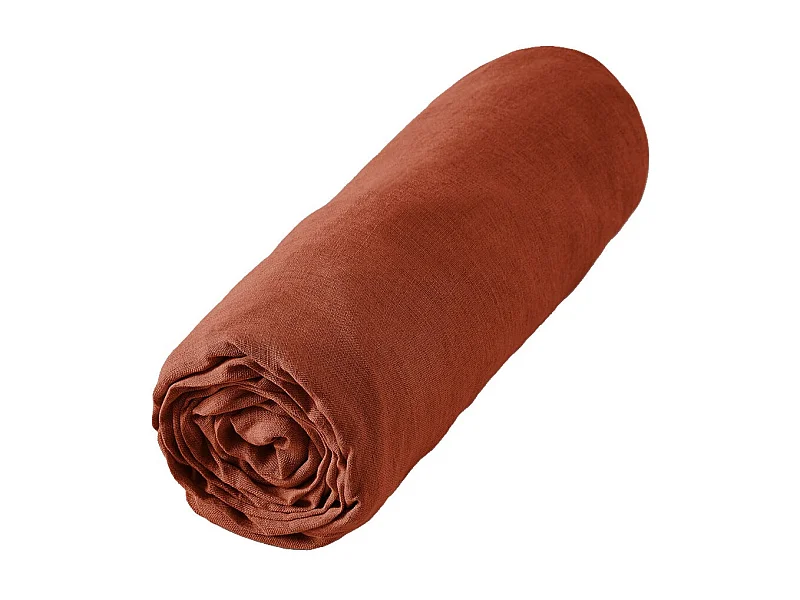 MARGAUX - Drap Housse 180x200cm Lin Lavé Coloris Paprika