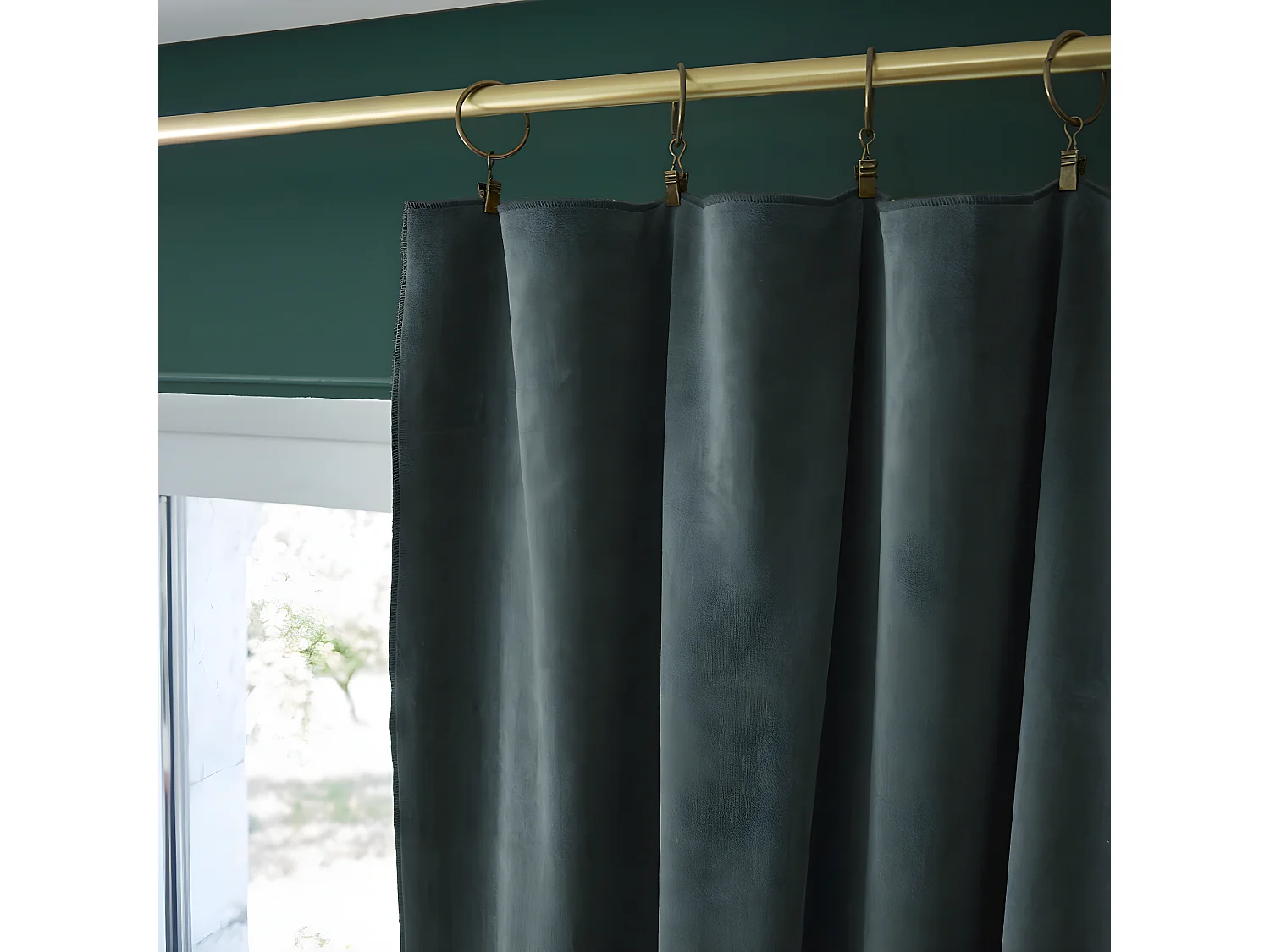 HARRIS - Rideau Ajustable 140x270cm Velours de Coton Ardoise + 8 Anneaux Pince