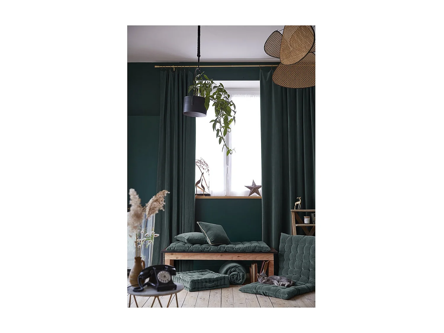 HARRIS - Rideau Ajustable 140x270cm Velours de Coton Ardoise + 8 Anneaux Pince