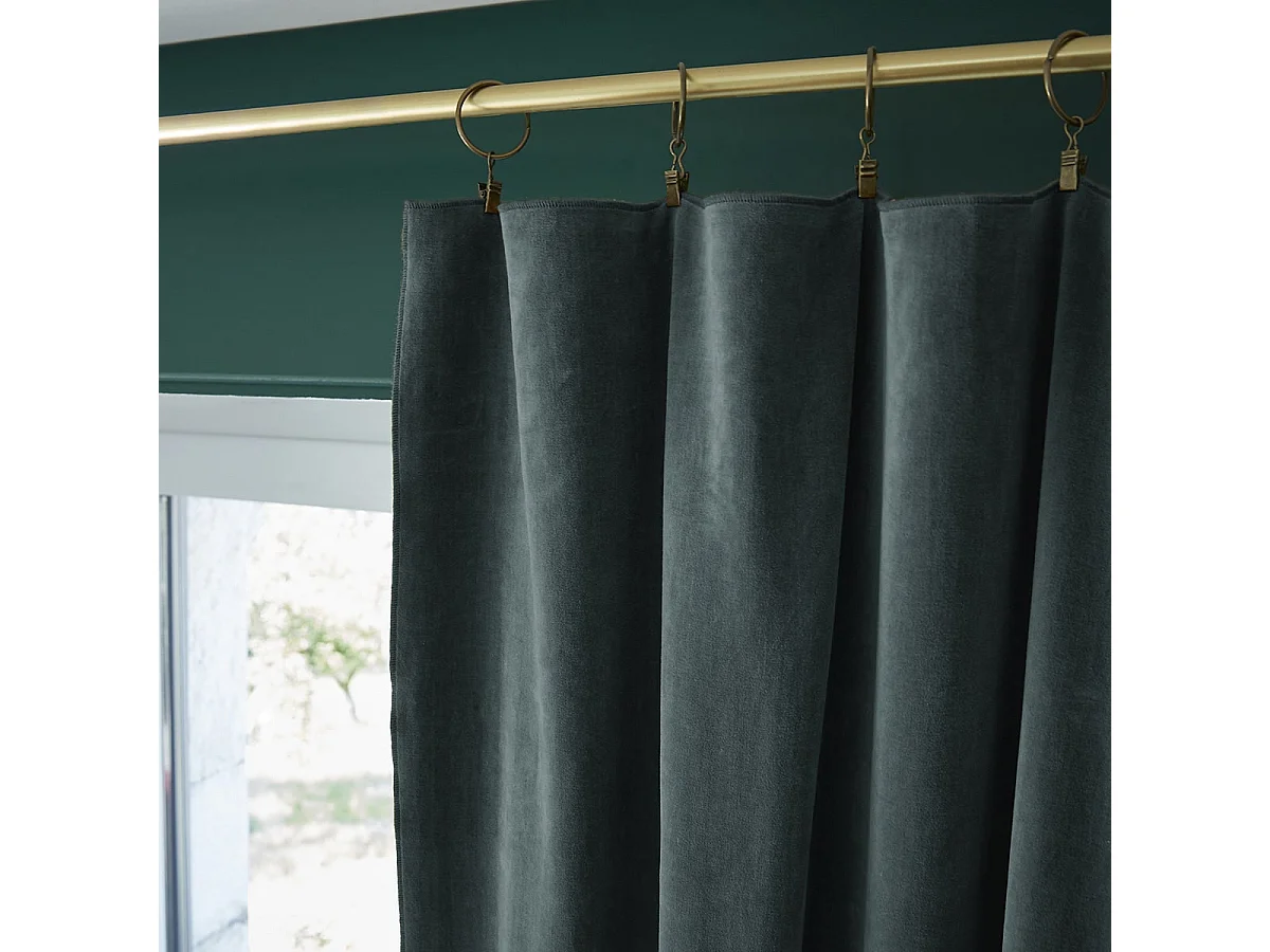 HARRIS - Rideau Ajustable 140x270cm Velours de Coton Ardoise + 8 Anneaux Pince