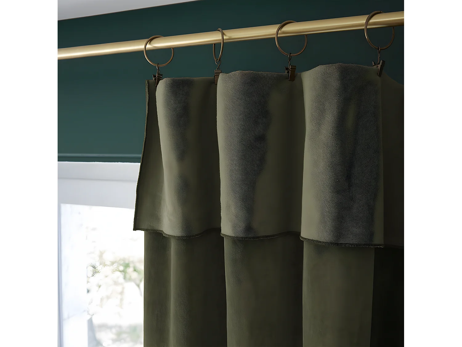 HARRIS - Rideau Ajustable 140x270cm Velours de Coton Thym + 8 Anneaux Pince