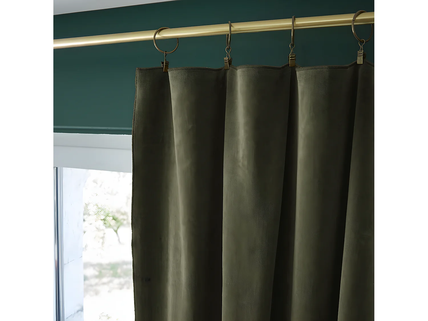 HARRIS - Rideau Ajustable 140x270cm Velours de Coton Thym + 8 Anneaux Pince