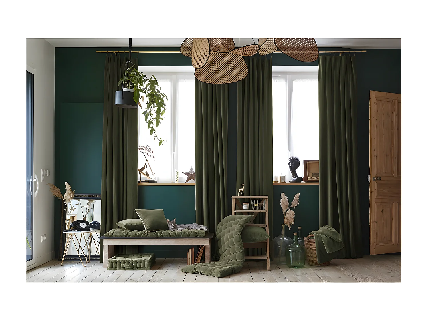 HARRIS - Rideau Ajustable 140x270cm Velours de Coton Thym + 8 Anneaux Pince