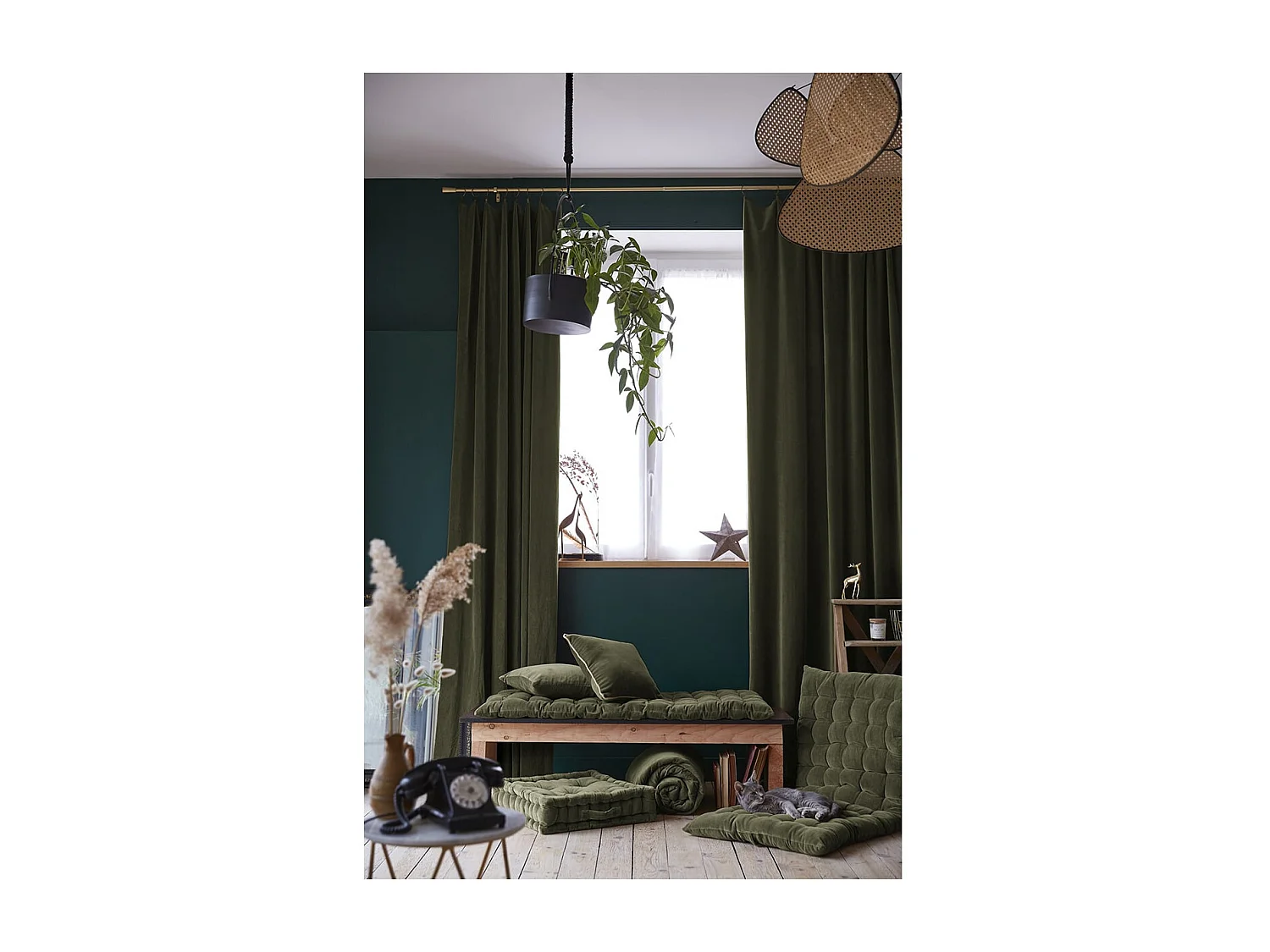 HARRIS - Rideau Ajustable 140x270cm Velours de Coton Thym + 8 Anneaux Pince