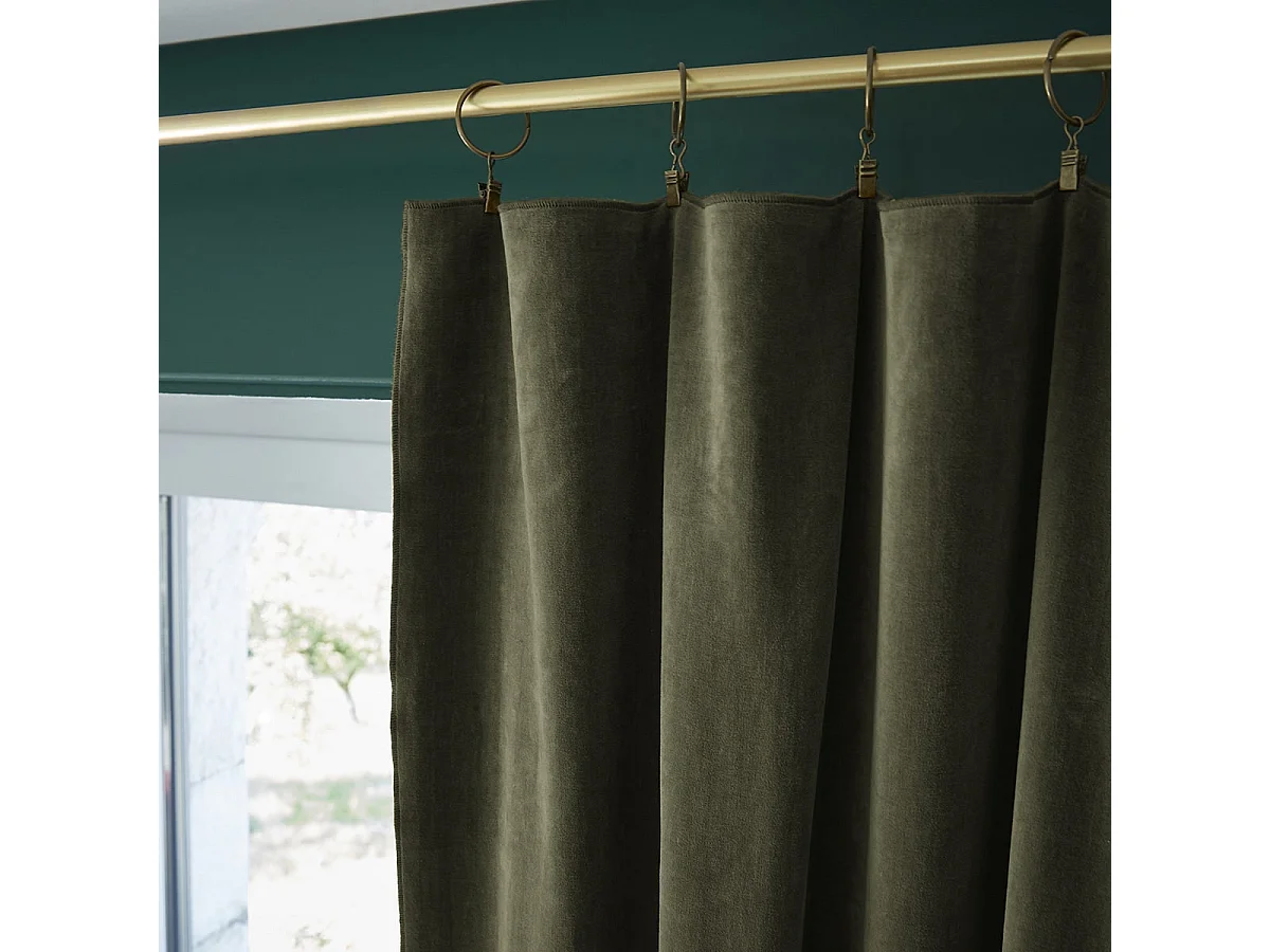 HARRIS - Rideau Ajustable 140x270cm Velours de Coton Thym + 8 Anneaux Pince