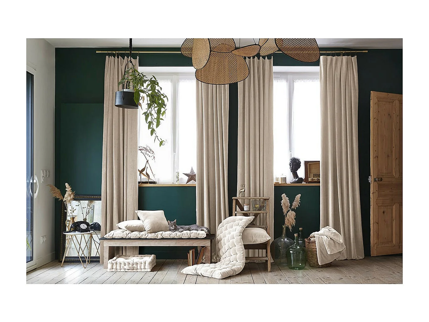 HARRIS - Rideau Ajustable 140x270cm Velours de Coton Pampa + 8 Anneaux Pince