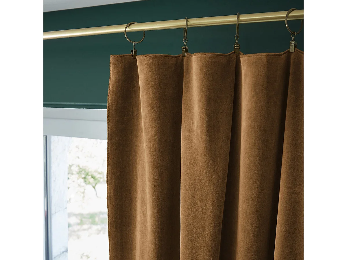 HARRIS - Rideau Ajustable 140x270cm Velours de Coton Camel + 8 Anneaux Pince