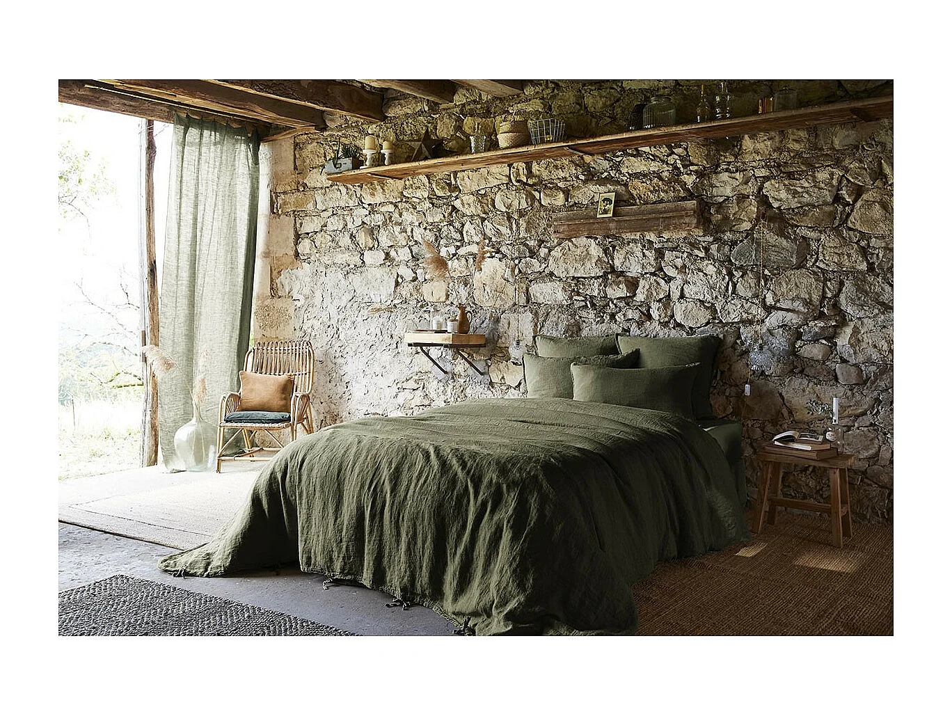 MARGAUX - Drap Plat 240x300cm Lin Lavé Coloris Thym