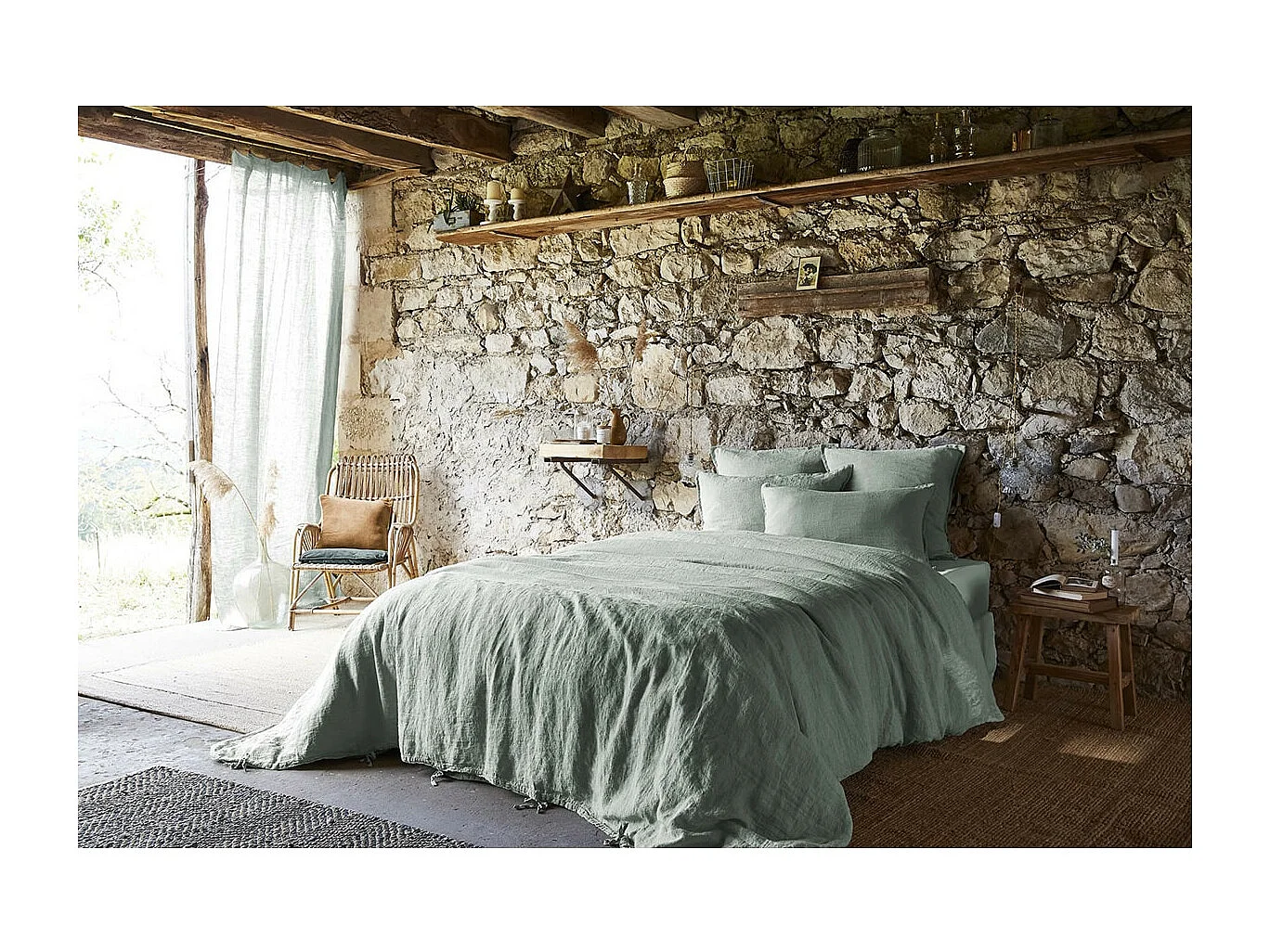 MARGAUX - Drap Plat 240x300cm Lin Lavé Coloris Eucalyptus