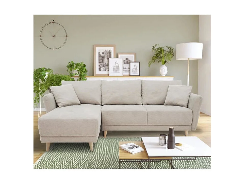 Canapé d'angle convertible réversible 3-4 places tissu beige à coffre de rangement - 244 x 158 x Hauteur 95 cm