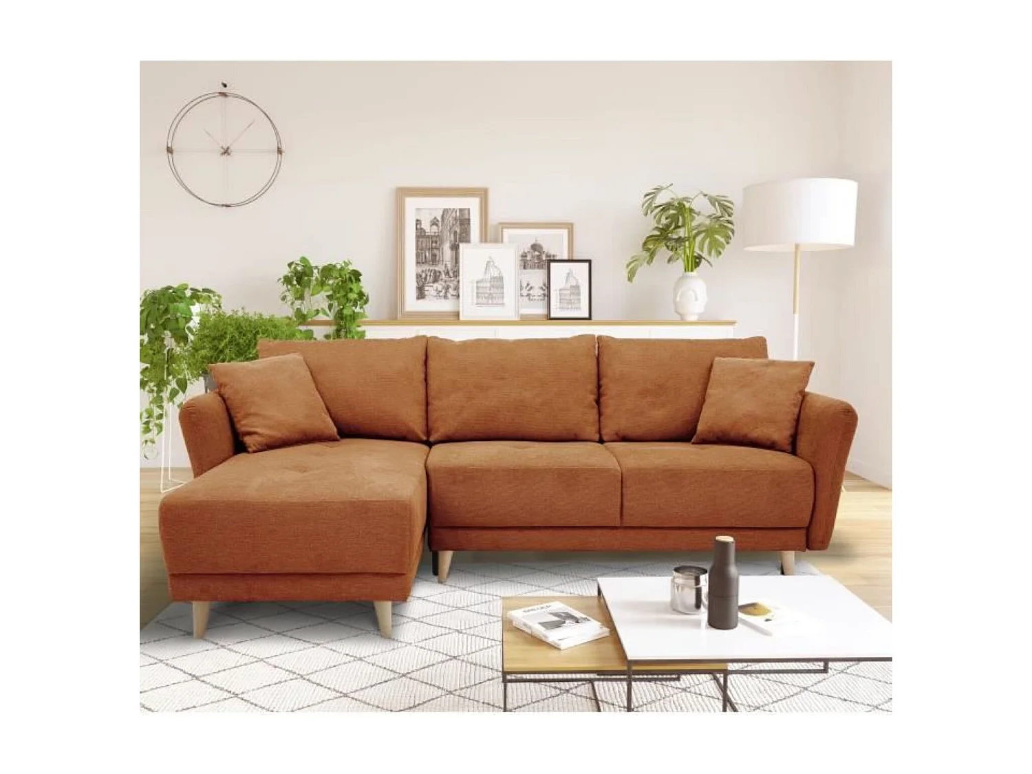 Canapé d'angle convertible réversible 3-4 places tissu Terracotta à coffre de rangement - 244 x 158 x Hauteur 95 cm