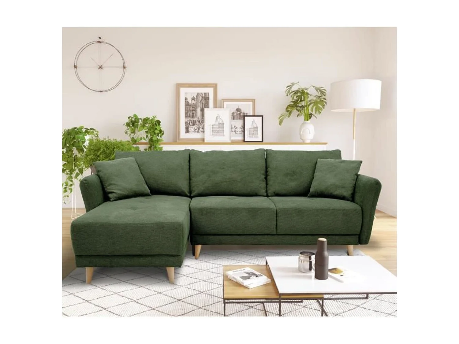 Canapé d'angle convertible réversible 3-4 places tissu Vert Olive à coffre de rangement - 244 x 158 x Hauteur 95 cm