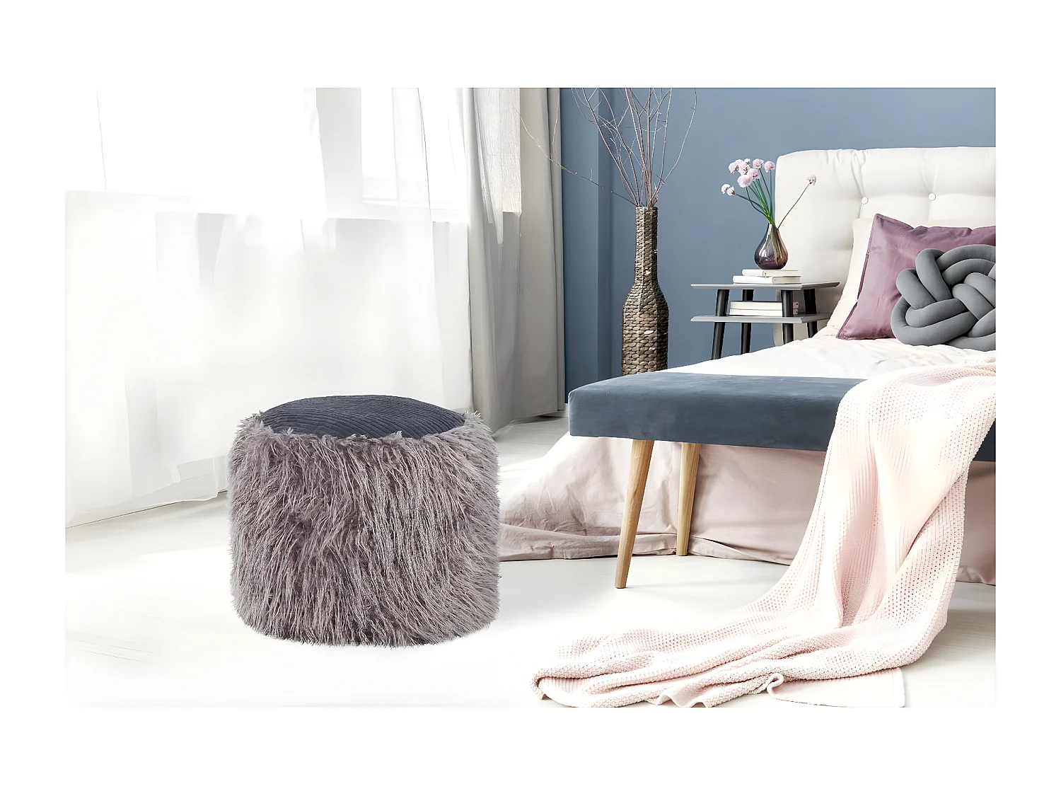 Pouf Rond Imitation Fourrure "Bobtail" 45cm Gris Foncé
