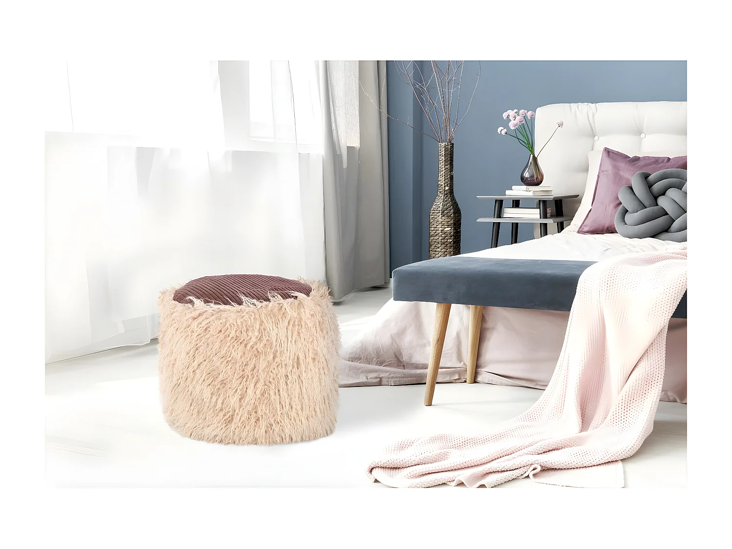 Pouf Rond Imitation Fourrure "Bobtail" 45cm Beige