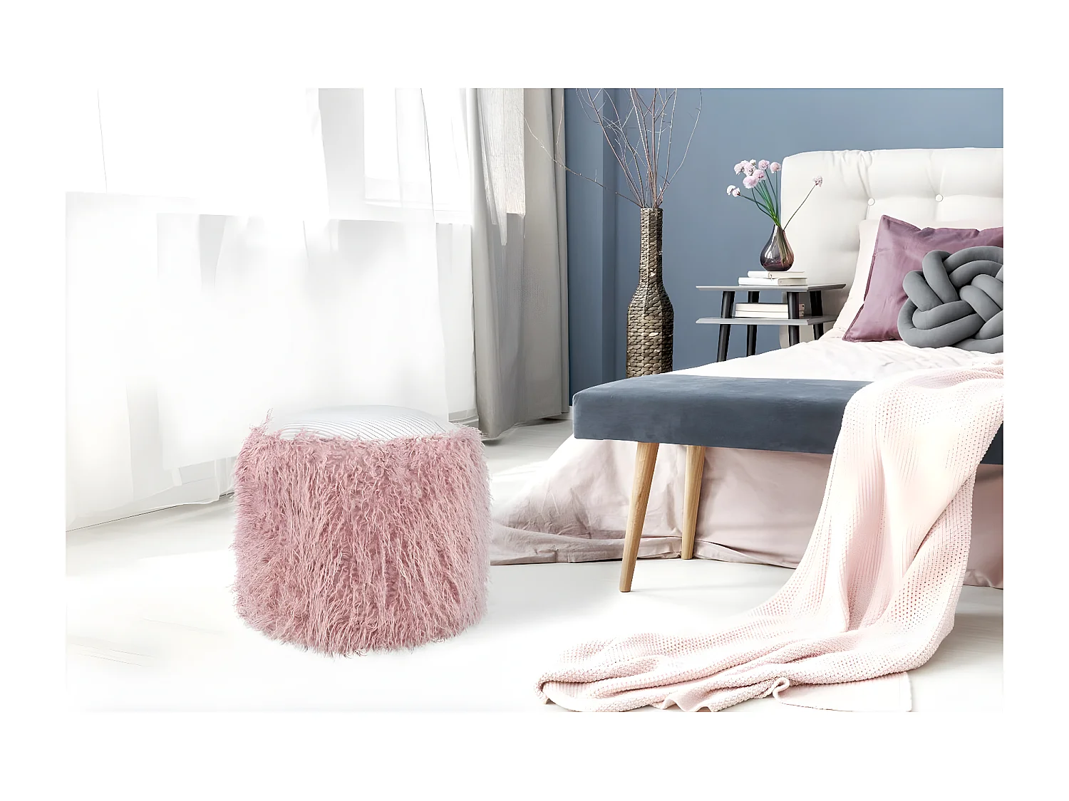 Pouf Rond Imitation Fourrure "Bobtail" 45cm Rose