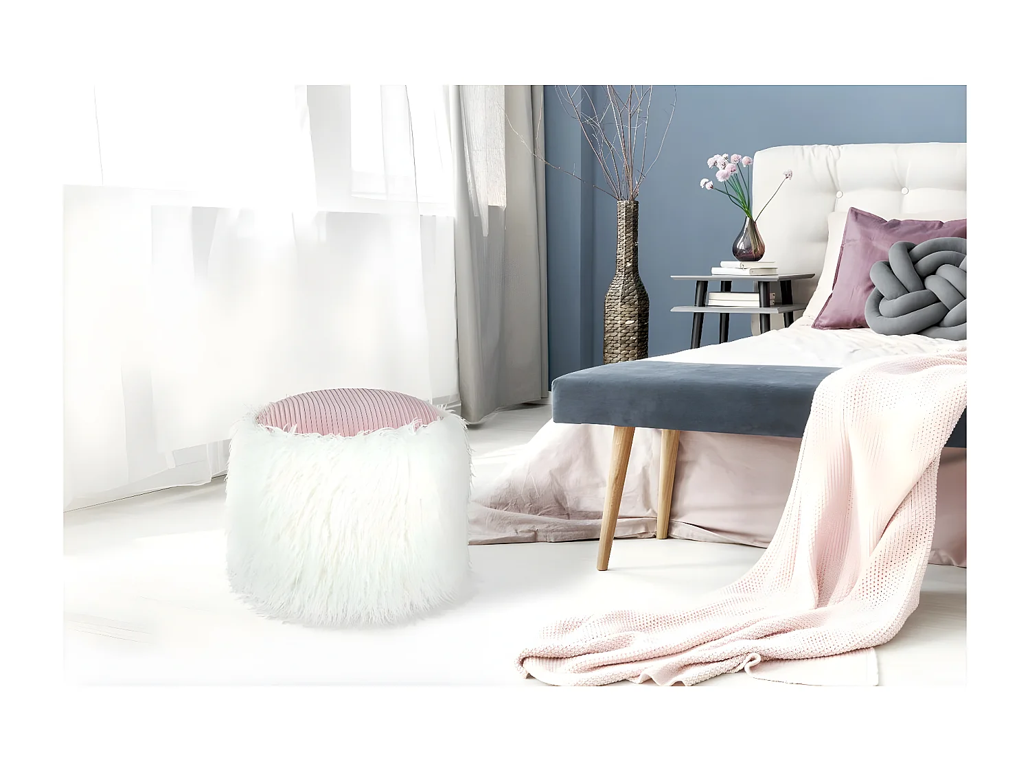 Pouf Rond Imitation Fourrure "Bobtail" 45cm Blanc