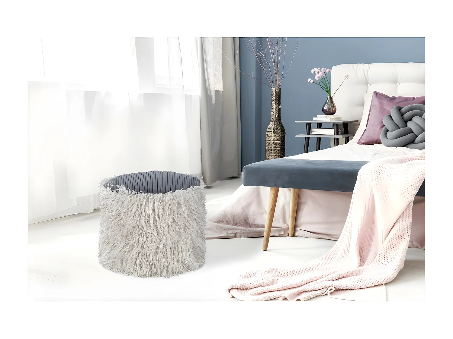 Pouf Rond Imitation Fourrure "Bobtail" 45cm Gris Clair