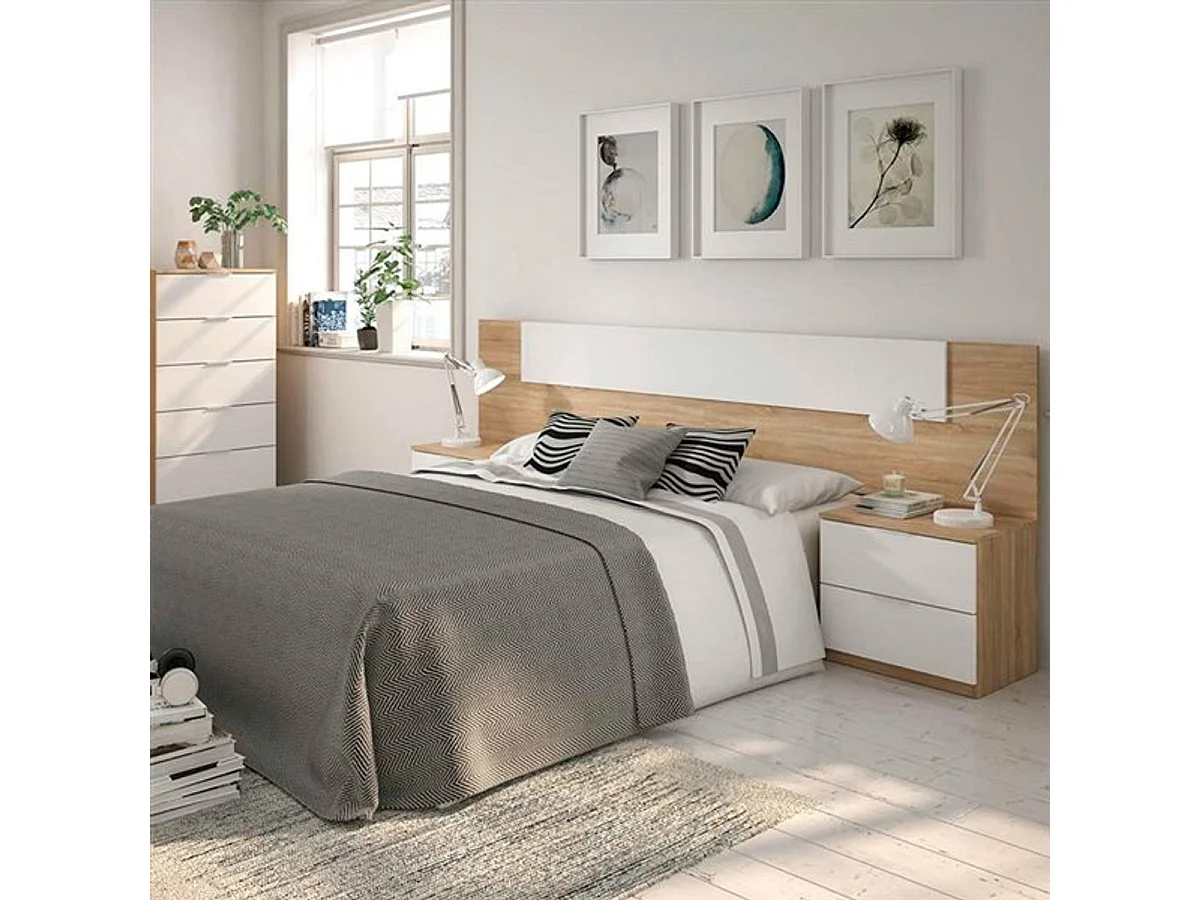 Conjunto Luca cabecero + 2 mesitas de noche blanco/roble