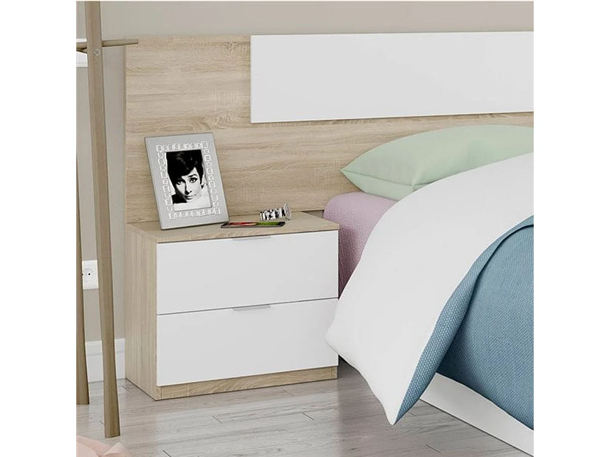 Conjunto Luca cabecero + 2 mesitas de noche blanco/roble