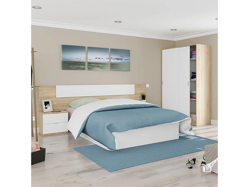 Conjunto Luca cabecero + 2 mesitas de noche blanco/roble