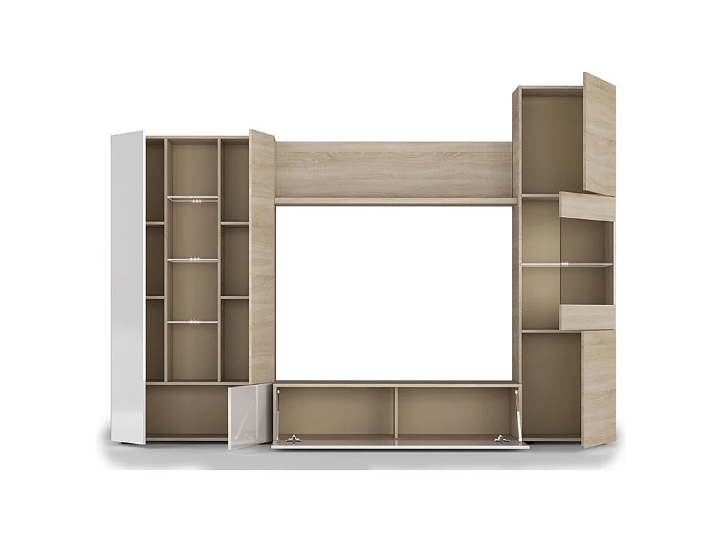 Meuble TV LED Blanc Brillant et Chêne - Salon Moderne 260 cm