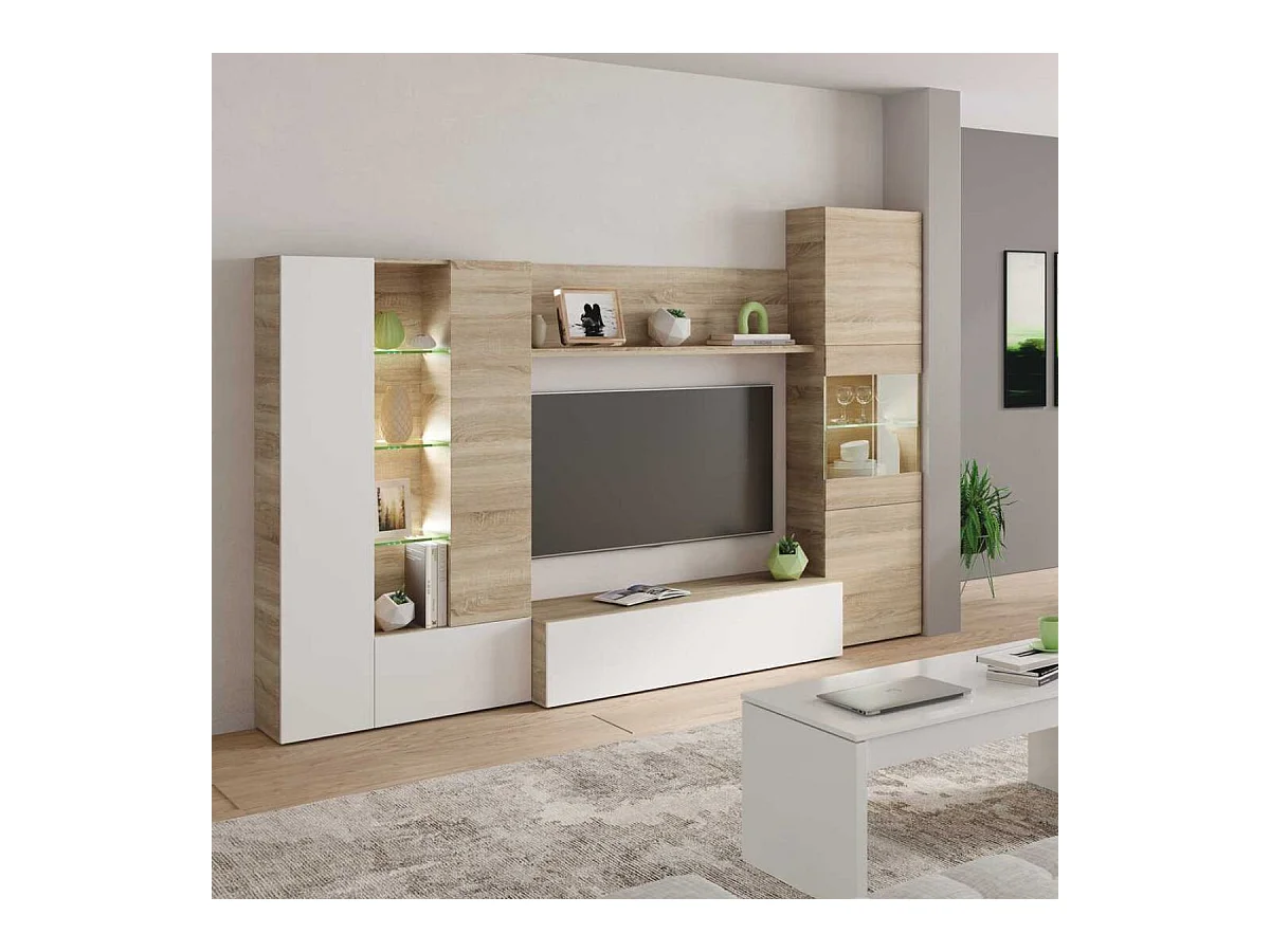 Meuble TV LED Blanc Brillant et Chêne - Salon Moderne 260 cm