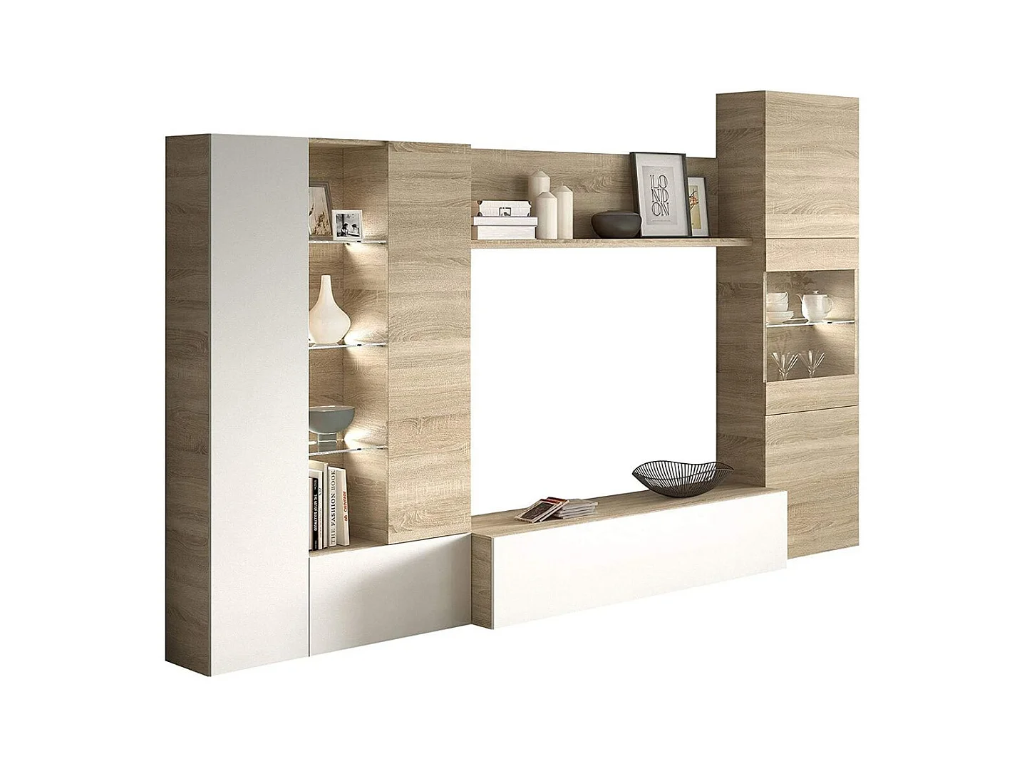 Meuble TV LED Blanc Brillant et Chêne - Salon Moderne 260 cm