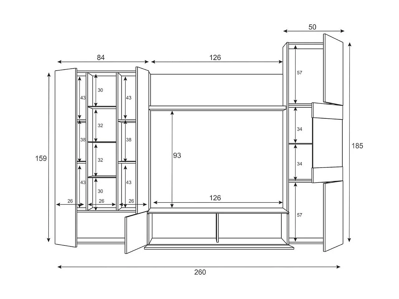 Meuble TV LED Blanc Brillant et Chêne - Salon Moderne 260 cm