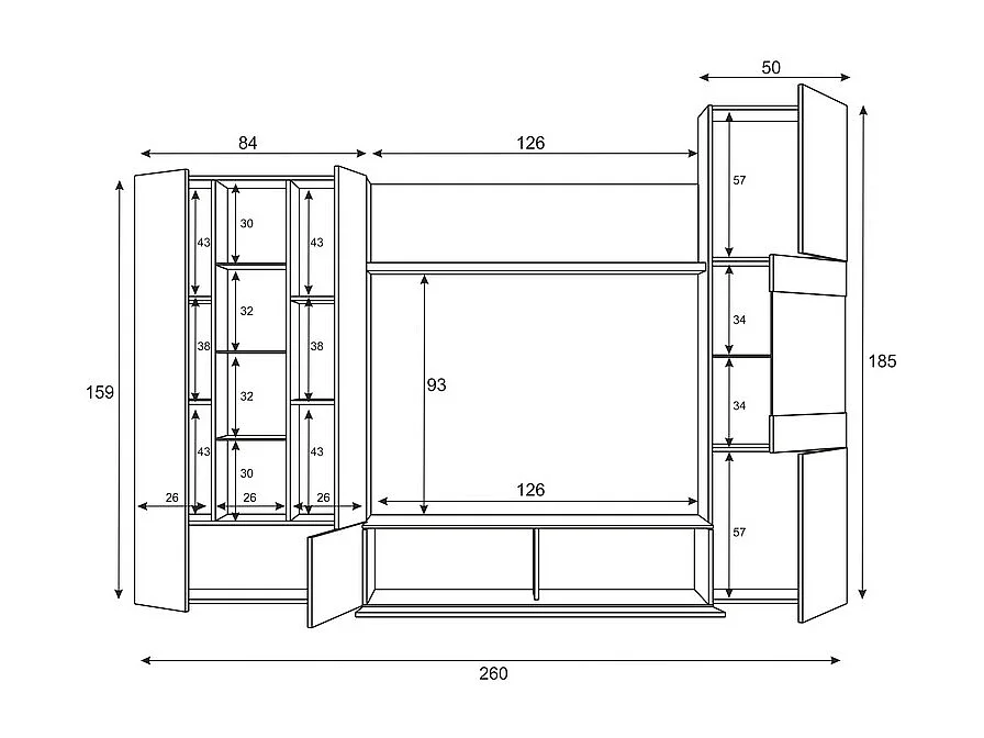 Meuble TV LED Blanc Brillant et Chêne - Salon Moderne 260 cm