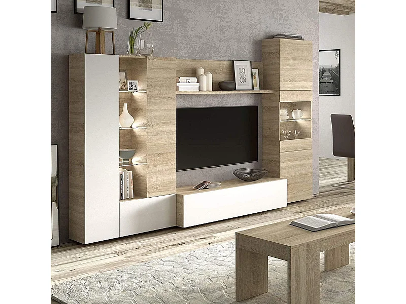 TV-Schrank LED Weiß Hochglanz und Eiche - Moderne Wohnzimmer 260 cm
