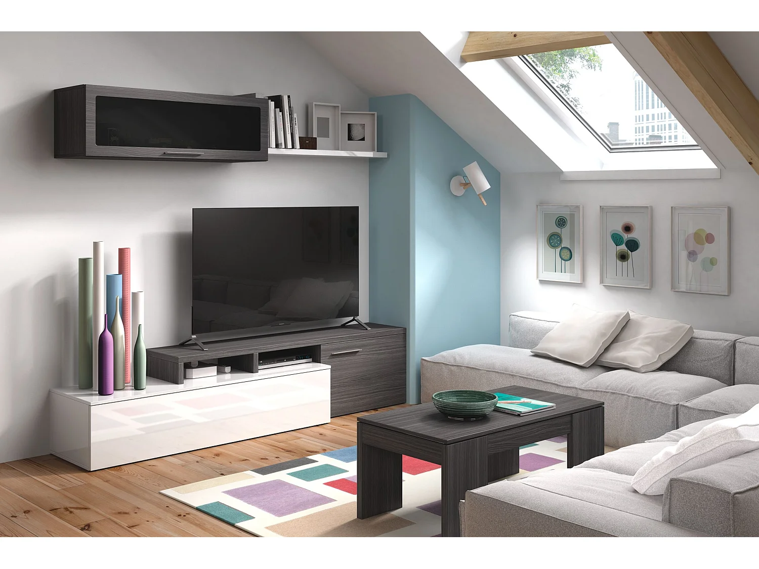 Meuble de salle à manger Nexo - Gris cendré et Blanc brillant