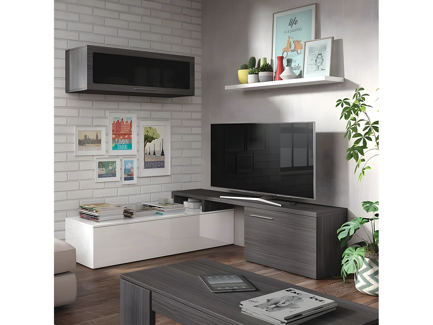 Meuble de salle à manger Nexo - Gris cendré et Blanc brillant