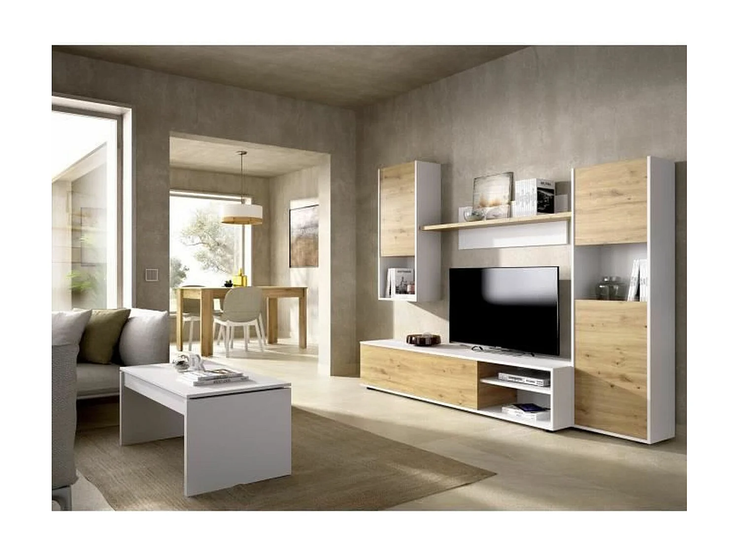Mobile TV da parete LUKA Melaminico bianco e rovere artigianale 4 ante 220 x 41 x 180 cm