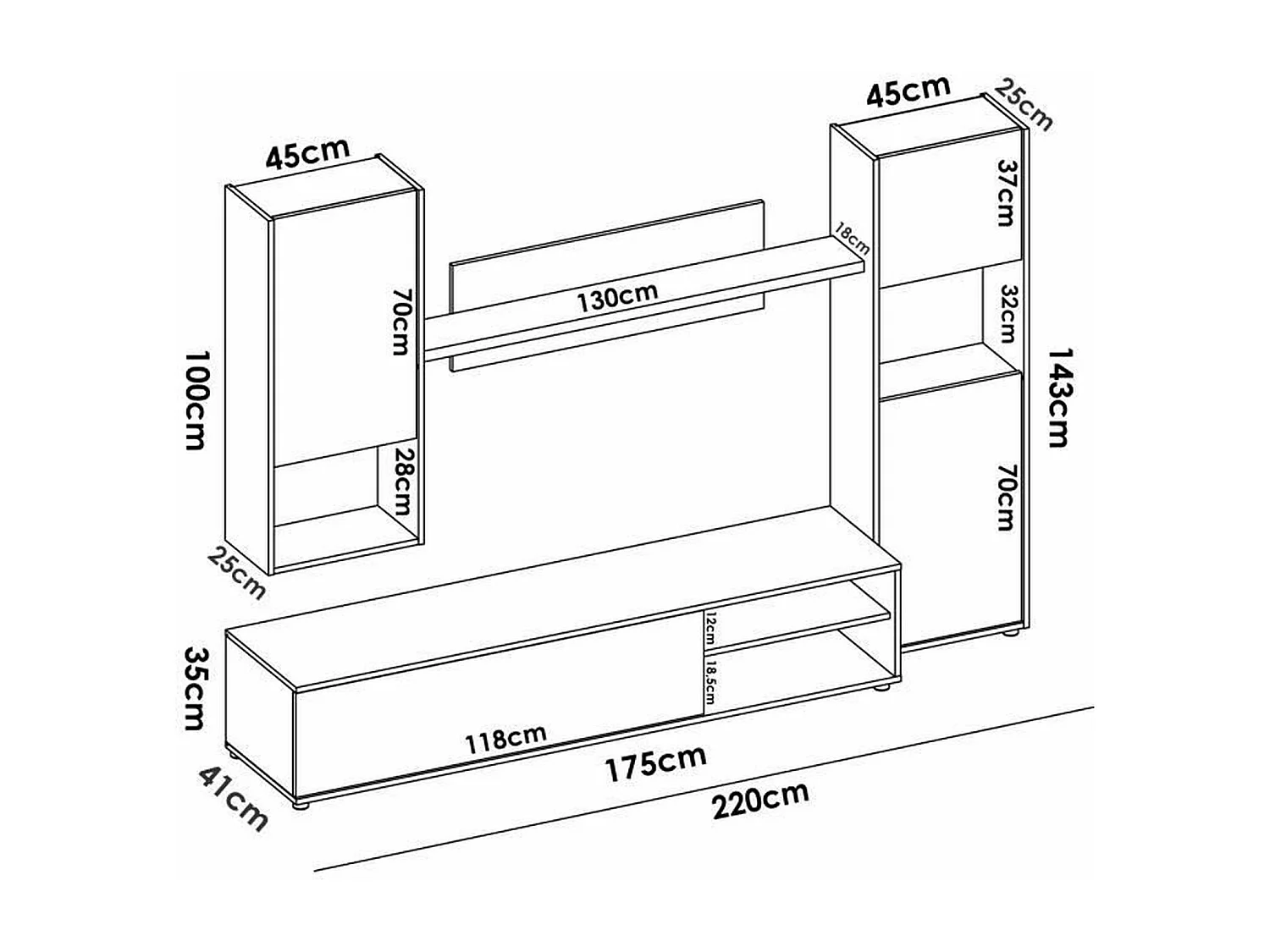 Mobile TV da parete LUKA Melaminico bianco e rovere artigianale 4 ante 220 x 41 x 180 cm