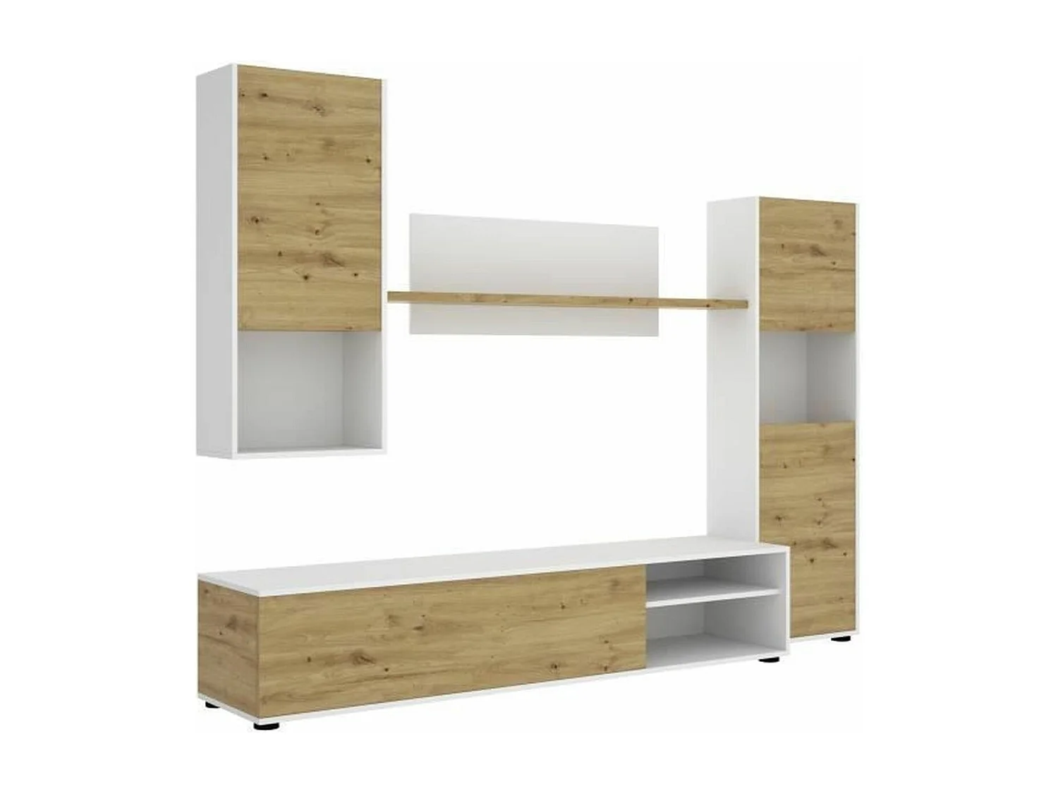 LUKA WandTVMöbel – Weißes Melamin und ArtisanEiche – 4 Türen – 220 x 41 x 180 cm