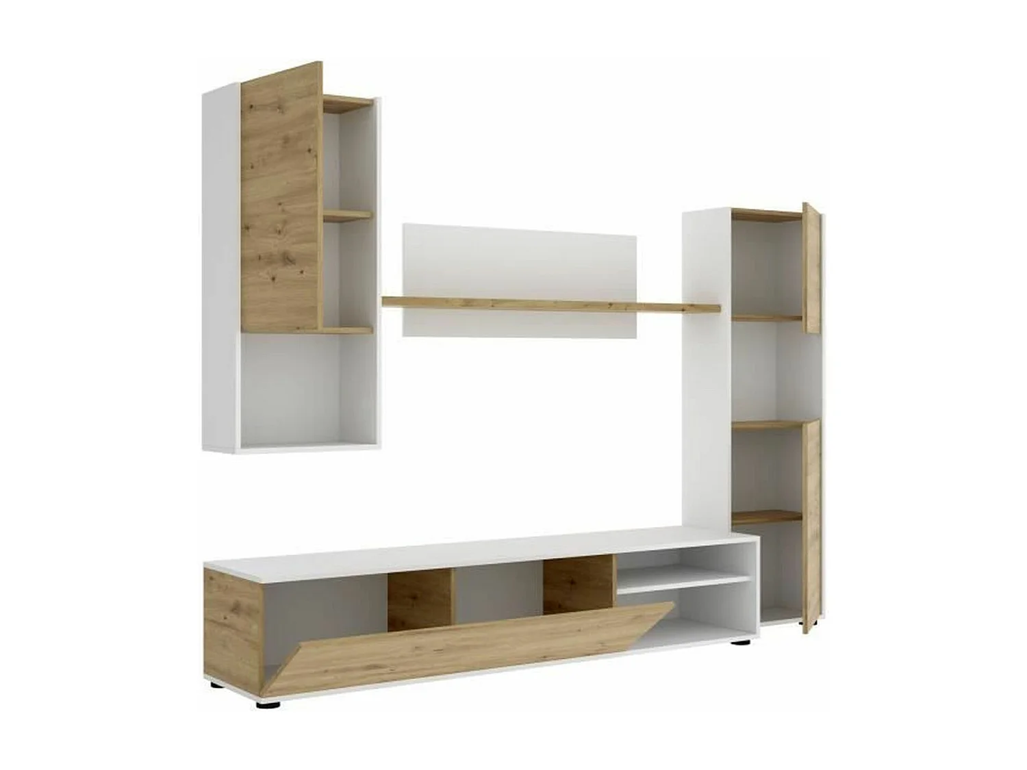 LUKA WandTVMöbel – Weißes Melamin und ArtisanEiche – 4 Türen – 220 x 41 x 180 cm