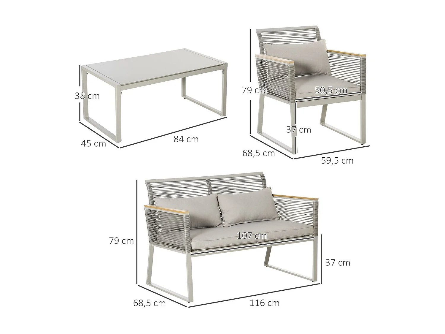 Conjunto de muebles de ratán gris 116x68.5x79 cm Outsunny