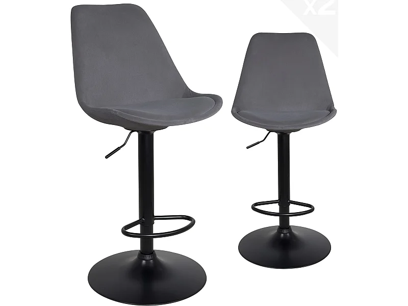 Lot 2 chaises de bar grand siège velours rembourré, pivotant, hauteur réglable SIG XL (gris)