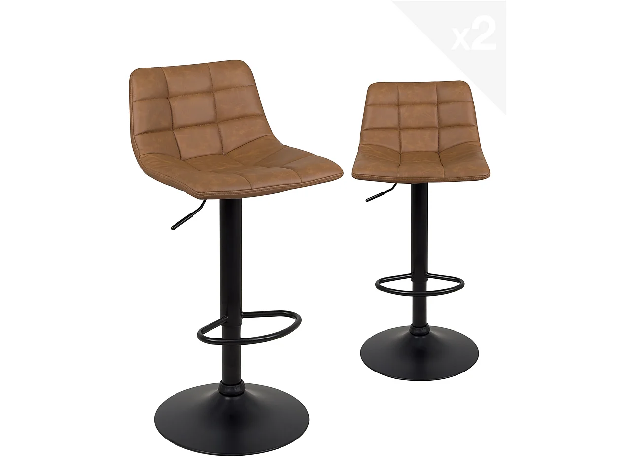 Lote de 2 taburetes de bar de diseño, asiento acolchado con respaldo marrón vintage, giratorios, altura regulable SID (negro marrón)