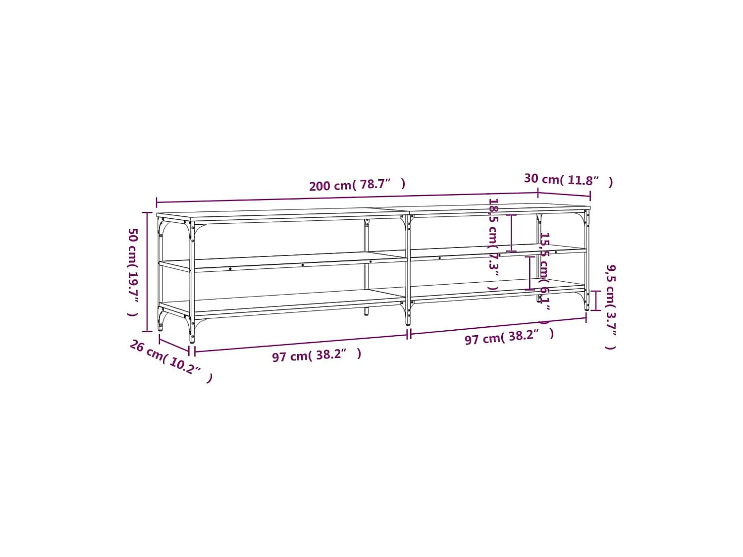 Móvel TV 200x30x50cm derivados madeira/metal carvalho castanho