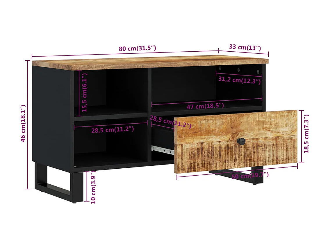 Meuble TV 80x33x46 cm bois de manguier et d'ingénierie
