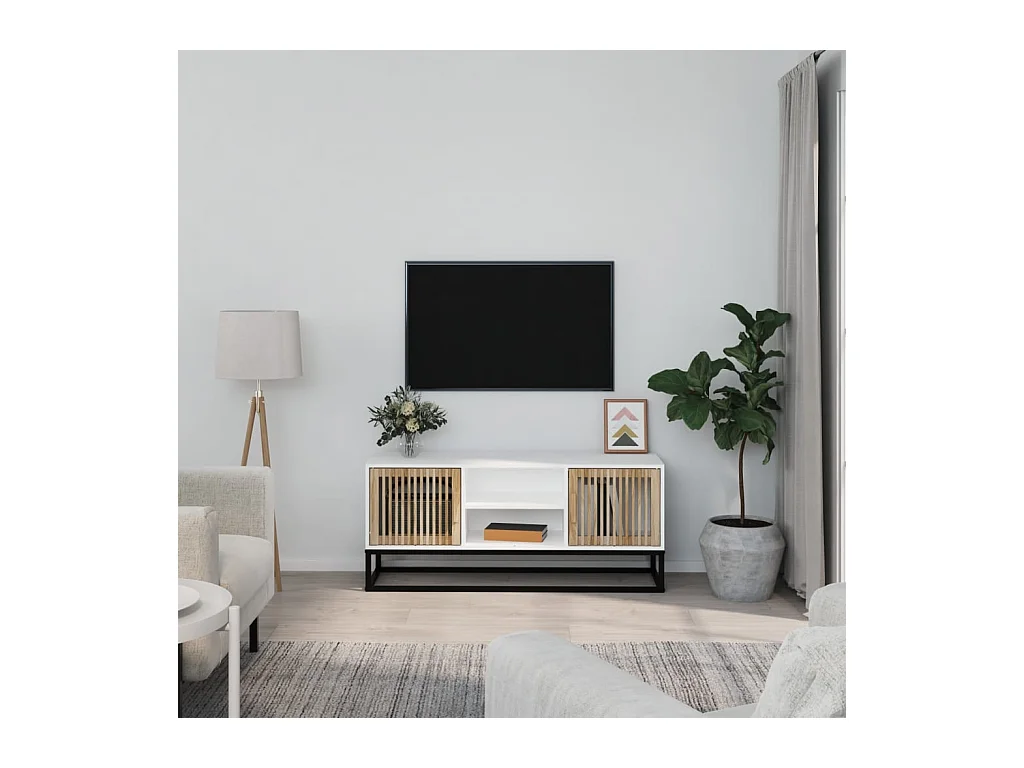 Meuble TV blanc 105x30x45 cm bois d'ingénierie et fer